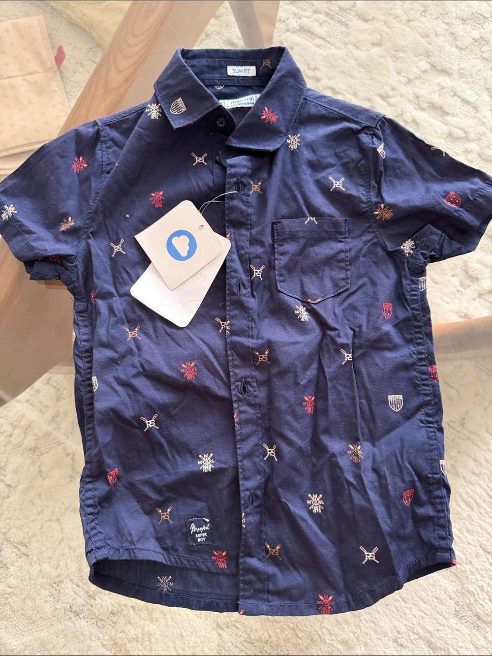 Boys' Navy Short-Sleeve Button-Up Shirt - Embroidered Pattern